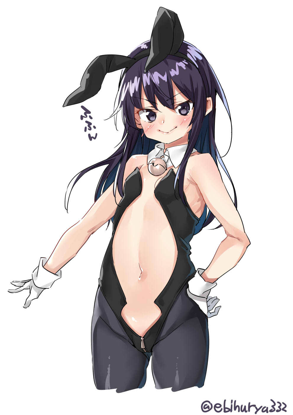 &gt;:) 1girl akatsuki_(kantai_collection) alternate_costume animal_ears bangs bare_arms bare_shoulders bell black_hairband black_legwear black_leotard blush center_opening cowboy_shot cropped_legs crotch_zipper detached_collar ebifurya fake_animal_ears flat_chest gloves hairband hand_on_hip highres jingle_bell kantai_collection leotard lips long_hair looking_at_viewer pantyhose purple_hair rabbit_ears shiny shiny_hair simple_background solo standing strapless strapless_leotard translation_request twitter_username v-shaped_eyebrows very_long_hair violet_eyes white_background white_gloves wing_collar zipper