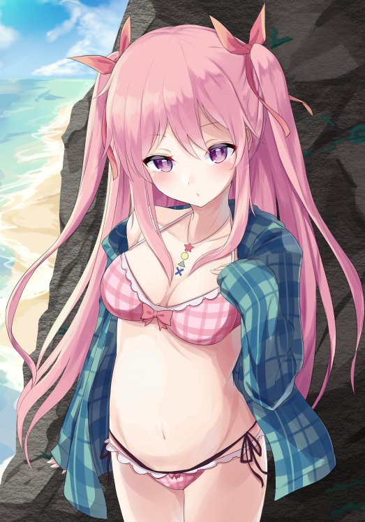 1girl adapted_costume alternate_costume alternate_hairstyle bare_shoulders beach bikini blue_sky blush breasts checkered checkered_bikini checkered_shirt cleavage clouds cloudy_sky collarbone commentary_request cowboy_shot day expressionless hair_between_eyes hair_ribbon hand_on_own_chest hata_no_kokoro igakusei jewelry long_hair long_sleeves looking_at_viewer medium_breasts navel necklace no_mask ocean off_shoulder open_clothes open_shirt outdoors pink_bikini pink_eyes pink_hair ribbon shirt sky solo swimsuit touhou two_side_up very_long_hair