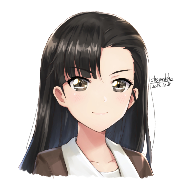 1girl artist_name asymmetrical_bangs bangs brown_eyes brown_hair brown_jacket closed_mouth cropped_neck dated girls_und_panzer jacket long_hair looking_at_viewer military military_uniform nishi_kinuyo portrait shamakho shirt signature simple_background smile solo uniform white_background white_shirt
