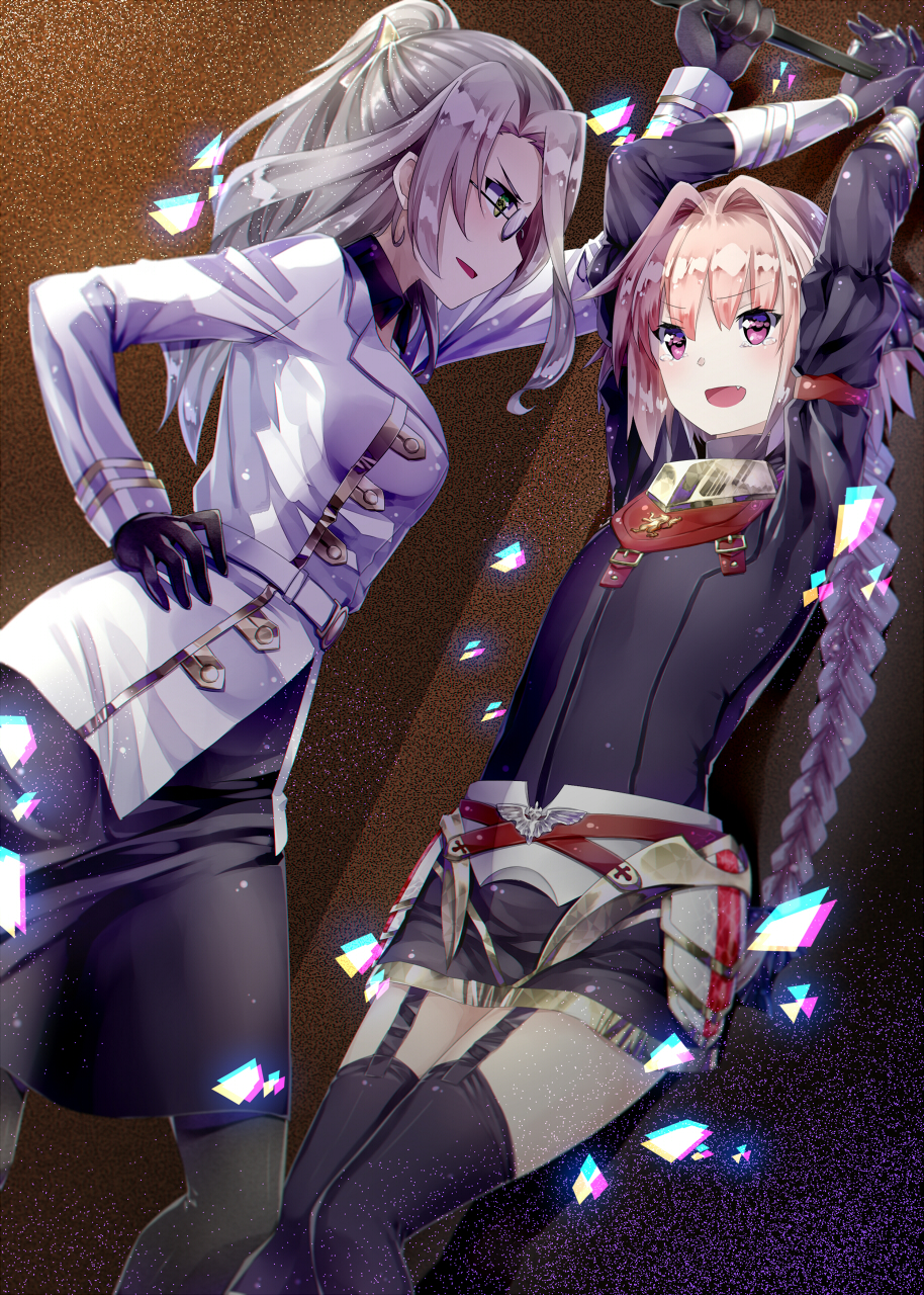 1boy 1girl against_wall androgynous armor astolfo_(fate) bangs black_bow black_ribbon bow braid celenike_icecolle_yggdmillennia commentary_request fang fate/apocrypha fate_(series) garter_straps gauntlets glasses green_eyes hair_intakes hair_ribbon hand_on_hip hand_up hands_together hands_up highres long_braid long_hair lutecia_syndrome multicolored_hair open_mouth pink_hair ponytail ribbon silver_hair single_braid stabbed stabbing streaked_hair tears thigh-highs trap violet_eyes