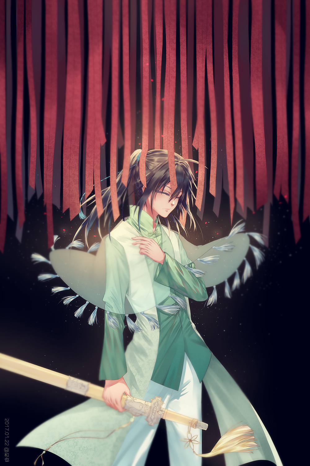 1boy black_background black_hair brown_hair chinese_clothes closed_eyes dated hand_up highres long_hair long_sleeves male_focus nodoka_076 pants ponytail sheath sheathed solo spiritpact standing streamers sword tassel weapon white_pants yang_jinghua