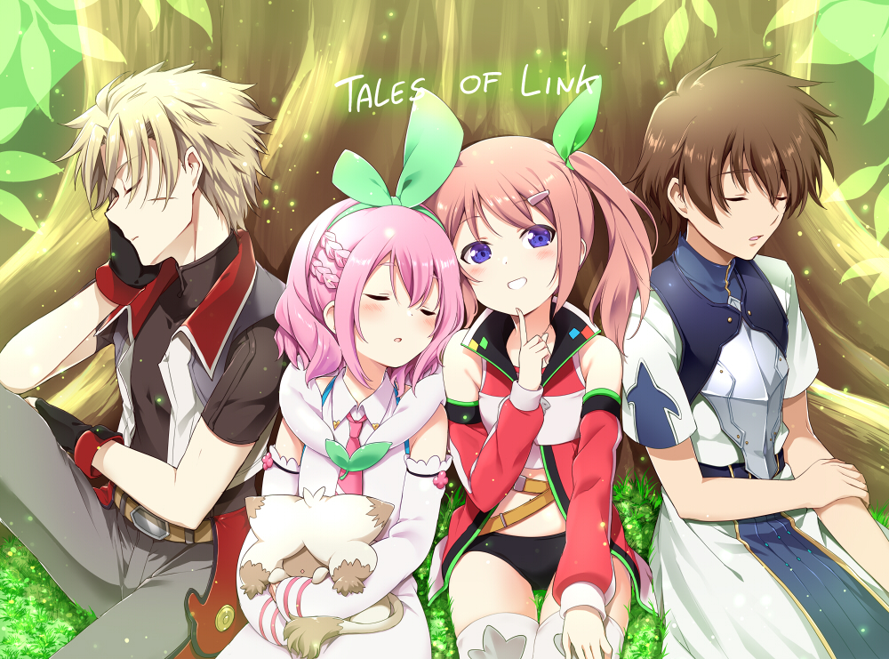 2girls blush brown_hair character_request closed_eyes commentary_request detached_sleeves flower green_ribbon hair_ribbon long_hair looking_at_viewer mitsuki_meiya multiple_girls pink_hair ribbon sitting sleeping sleeping_on_person smug tales_of_(series) tales_of_link violet_eyes