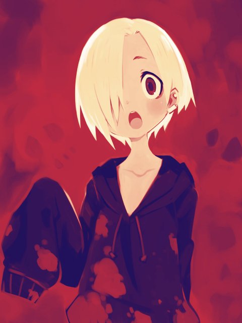 1girl arm_behind_back blonde_hair blood blood_stain collarbone ear_piercing hair_over_one_eye harada_takehito hood hoodie idolmaster idolmaster_cinderella_girls open_mouth piercing red_eyes shirasaka_koume short_hair skull solo very_long_sleeves