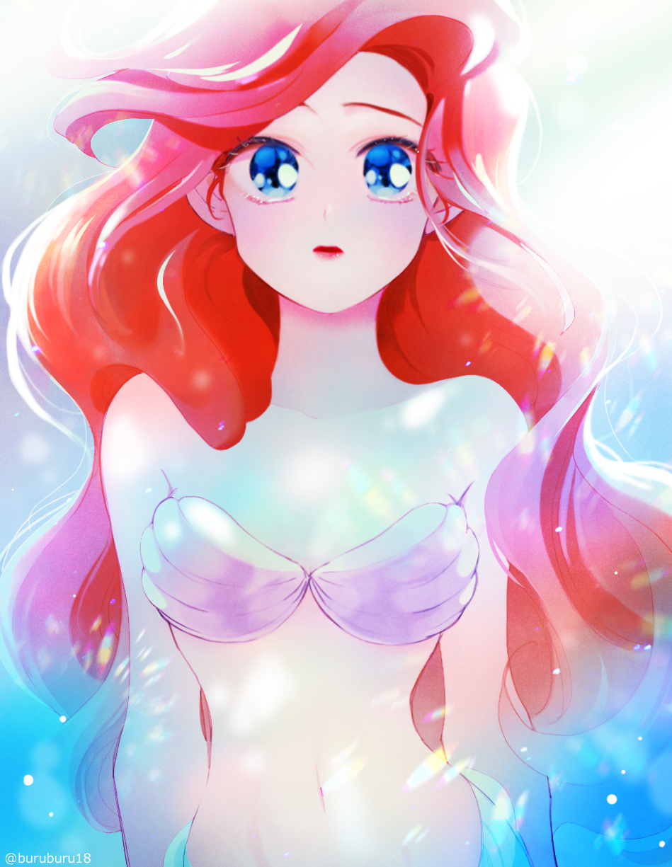 1girl ariel_(disney) artist_name backlighting blue_eyes buruburu18 closed_mouth expressionless highres lipstick long_hair makeup navel red_lipstick redhead shell shell_bikini solo sunlight the_little_mermaid twitter_username underwater very_long_hair