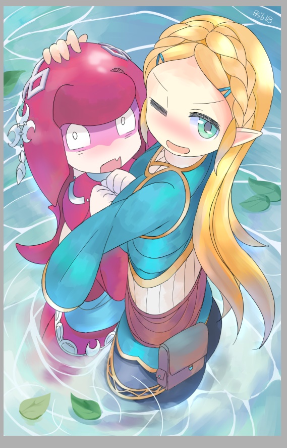 2girls blonde_hair blue_eyes blush fang hug looking_at_viewer mipha monster_girl multiple_girls one_eye_closed open_mouth partially_submerged petting phibonnachee pointy_ears princess_zelda shocked_eyes smile the_legend_of_zelda the_legend_of_zelda:_breath_of_the_wild water wide-eyed zora