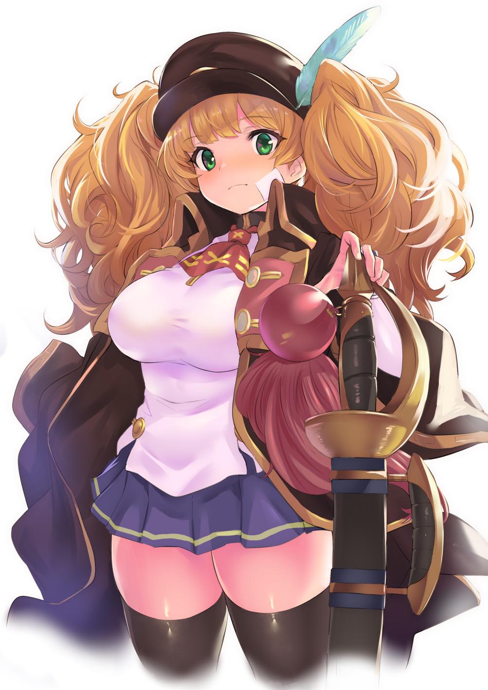 1girl bandaid bandaid_on_face bangs blonde_hair blush boots breasts granblue_fantasy green_eyes hat highres jacket kztk large_breasts long_hair looking_at_viewer military_hat monica_weisswind open_mouth peaked_cap pleated_skirt skirt solo sword thigh-highs twintails wavy_hair weapon