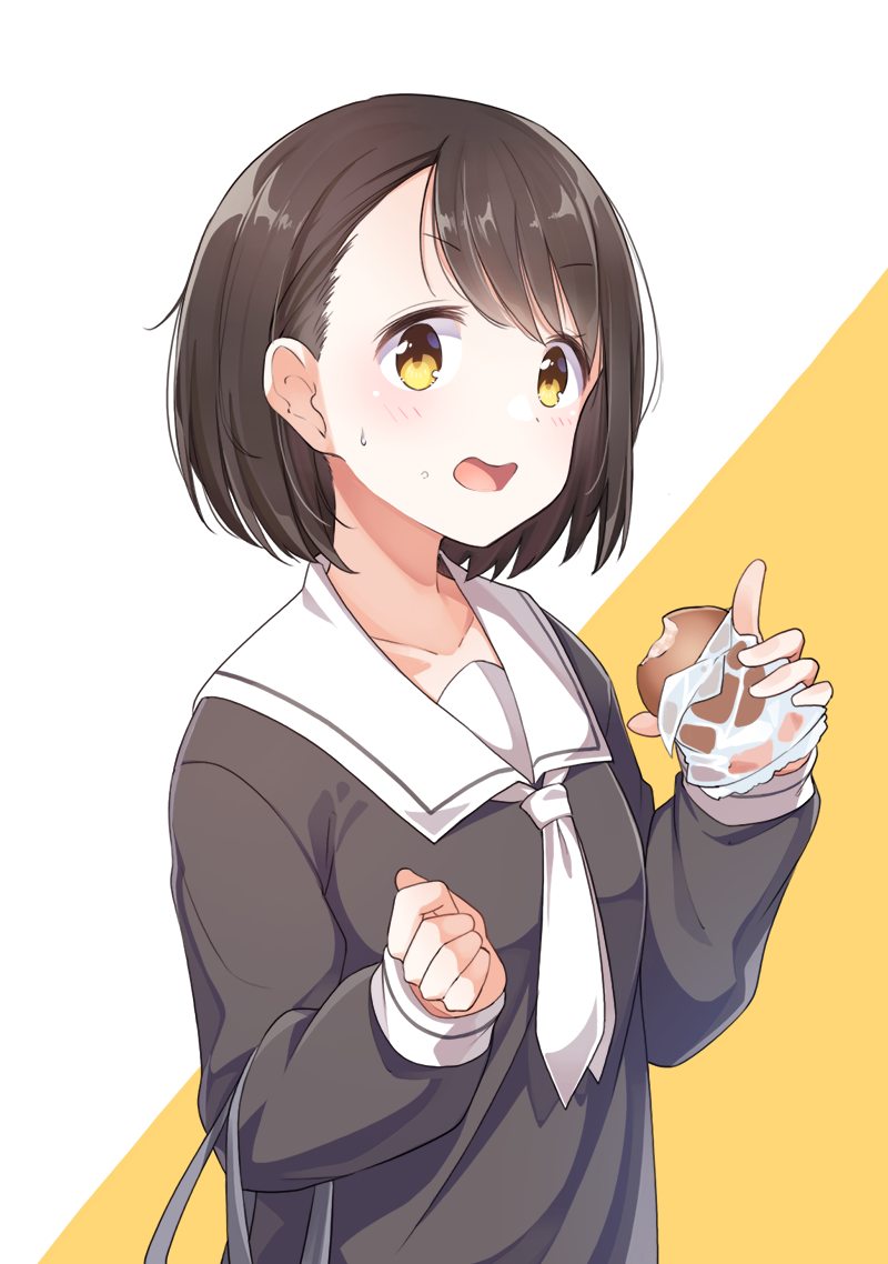 1girl bangs black_hair blush bread collarbone food hands_up holding holding_food konnyaku_(kk-monmon) long_sleeves looking_at_viewer mitsuboshi_colors open_mouth sasaki_nonoka school_uniform short_hair simple_background solo sweatdrop tareme two-tone_background yellow_eyes