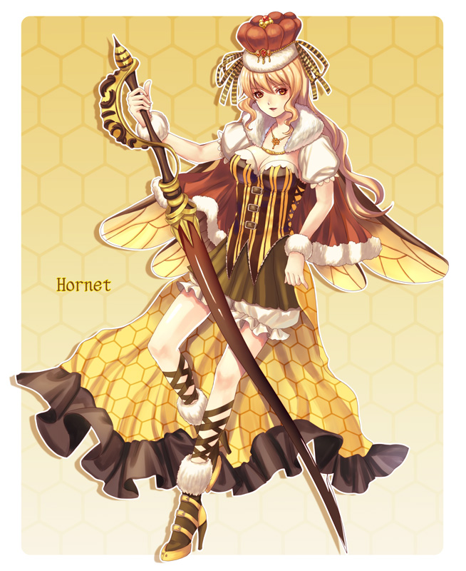 1girl breasts brown_eyes brown_skirt cape cleavage crown full_body fur_trim high_heels honeycomb_(pattern) honeycomb_background hornet insect_wings jewelry light_brown_hair looking_at_viewer medium_breasts natsume_k necklace original personification sheath sheathed short_sleeves skirt solo standing standing_on_one_leg striped sword vertical_stripes weapon wings