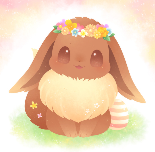 :3 :d blush brown_eyes easter_egg eevee egg flower_wreath full_body gen_1_pokemon gradient gradient_background head_wreath looking_at_viewer no_humans open_mouth pokemon pokemon_(creature) sitting smile ten'on_(amane09)