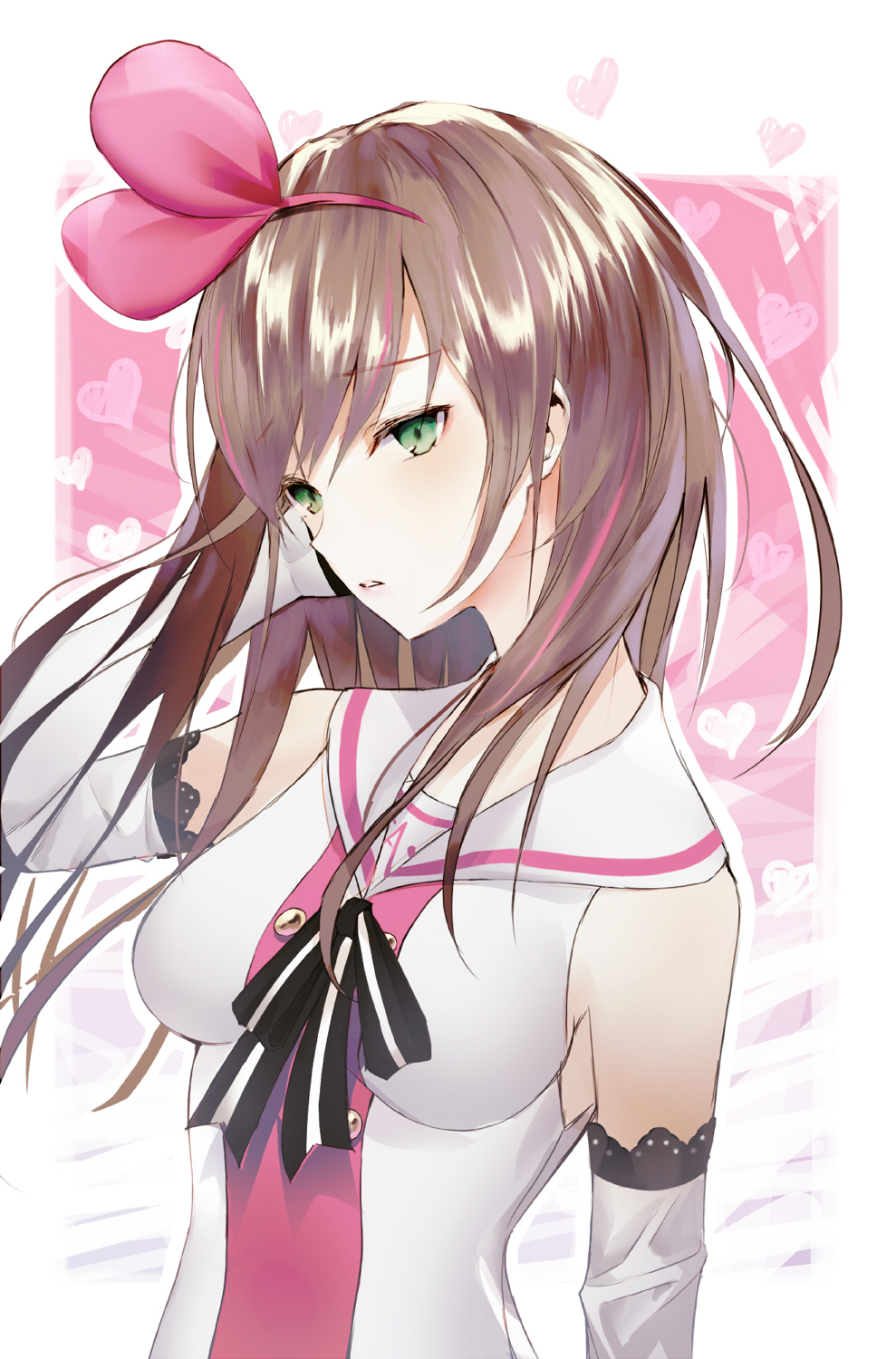 1girl a.i._channel arm_warmers brown_hair crying_eye green_eyes hairband heart heart_background highres kizuna_ai lace lace-trimmed_skirt long_hair multicolored_hair pink_hair pink_hairband skirt solo streaked_hair two-tone_hair upper_body virtual_youtuber