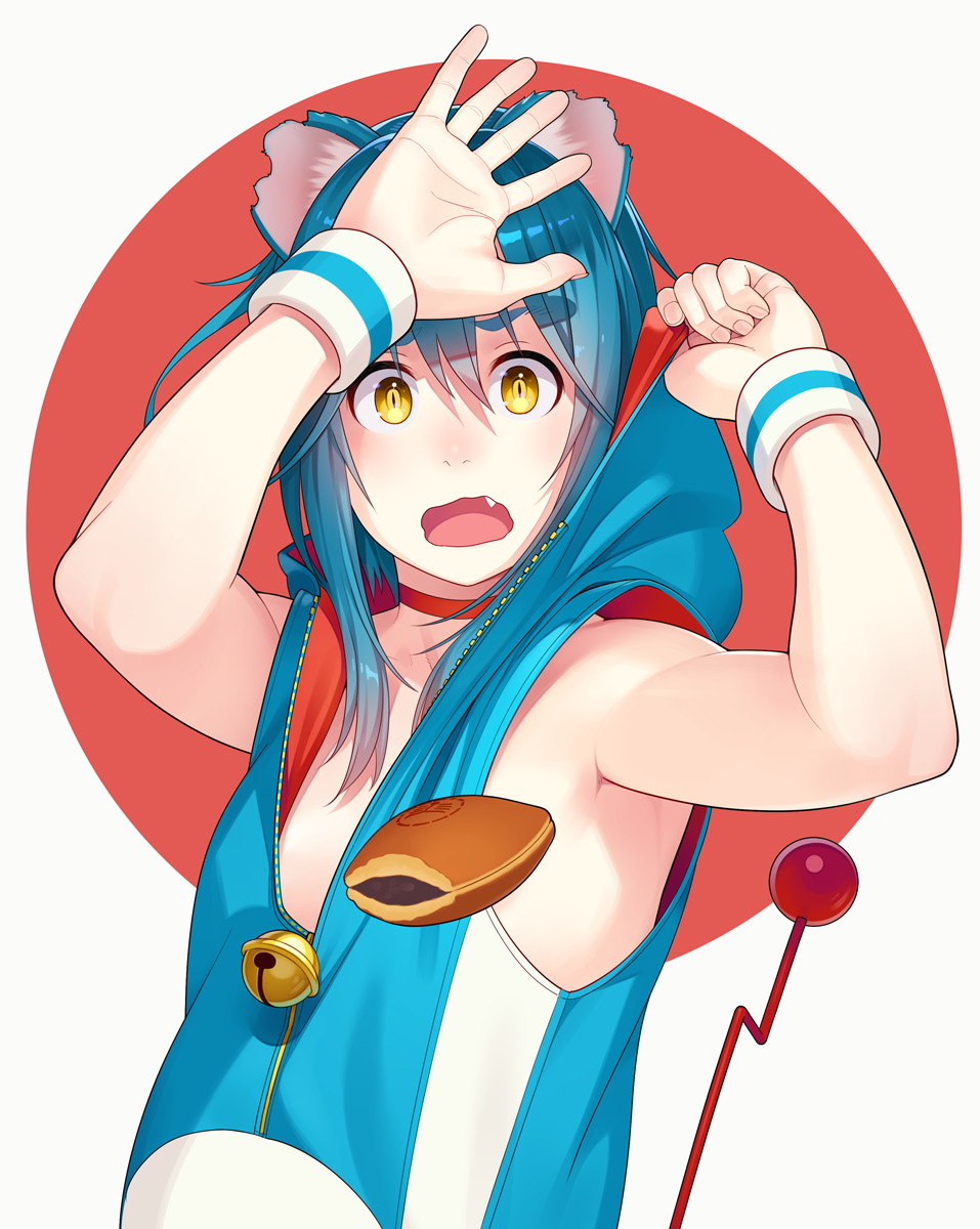 1girl :o animal_ears armpits bangs bell blue_hair breasts doraemon doraemon_(character) fang food go_robots hands_up highres hood hoodie humanization jingle_bell looking_at_viewer naked_hoodie no_bra open_mouth sleeveless slit_pupils small_breasts solo tail upper_body wristband yellow_eyes zipper