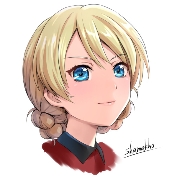 1girl artist_name bangs blonde_hair blue_eyes braid closed_mouth commentary_request cropped_neck darjeeling girls_und_panzer jacket looking_at_viewer military military_uniform portrait red_jacket shamakho short_hair simple_background smile solo st._gloriana's_military_uniform tied_hair translation_request twin_braids uniform white_background