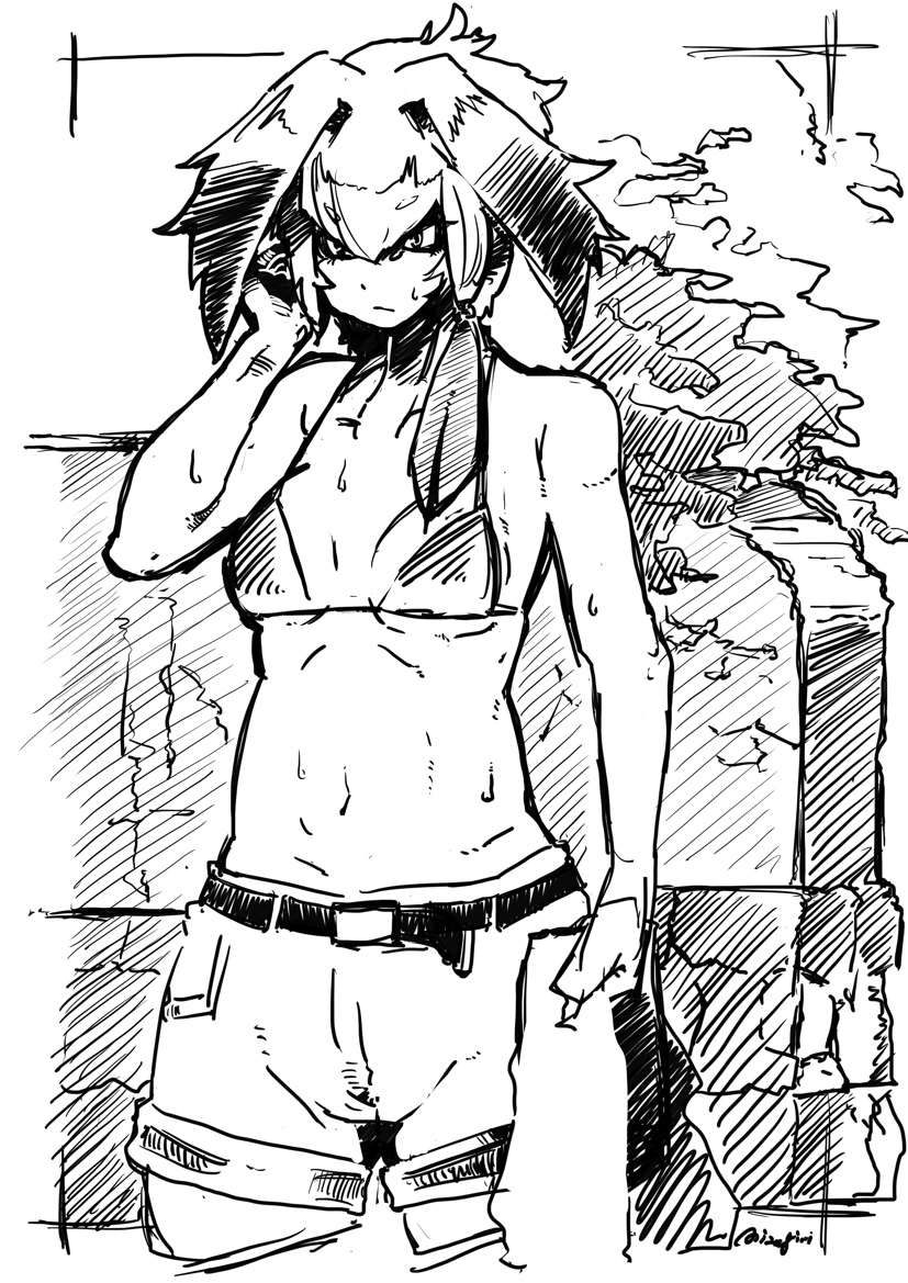 1girl arm_at_side bangs bare_arms bare_shoulders belt bikini_top closed_mouth eyebrows_visible_through_hair greyscale hair_between_eyes hand_on_own_cheek hand_up holding_clothes holding_shirt kemono_friends long_hair low_ponytail mizukiri_fuurai monochrome navel no_shirt shirt_removed shoebill_(kemono_friends) shorts side_ponytail solo stomach sweat upper_body