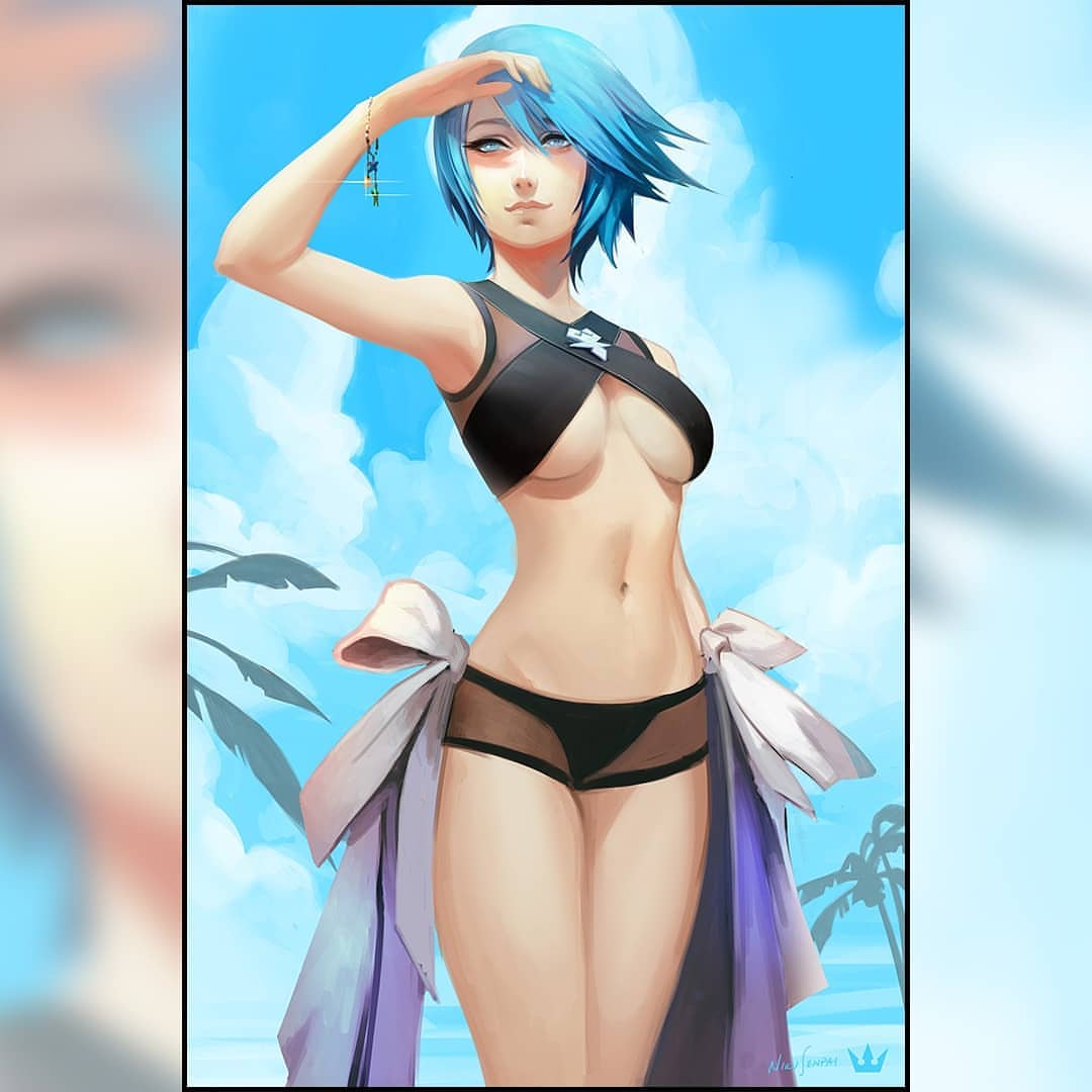 1girl adapted_costume aqua_(kingdom_hearts) arm_up artist_name bangs bare_shoulders bikini black_bikini blue_eyes blue_hair blue_sky bracelet breasts closed_mouth clouds commentary day english_commentary glint groin hair_between_eyes jewelry kingdom_hearts kingdom_hearts_birth_by_sleep legs_together medium_breasts navel nikusenpai outdoors palm_tree shading_eyes short_hair sky smile solo sparkle standing stomach swept_bangs swimsuit thighs tree under_boob zoom_layer