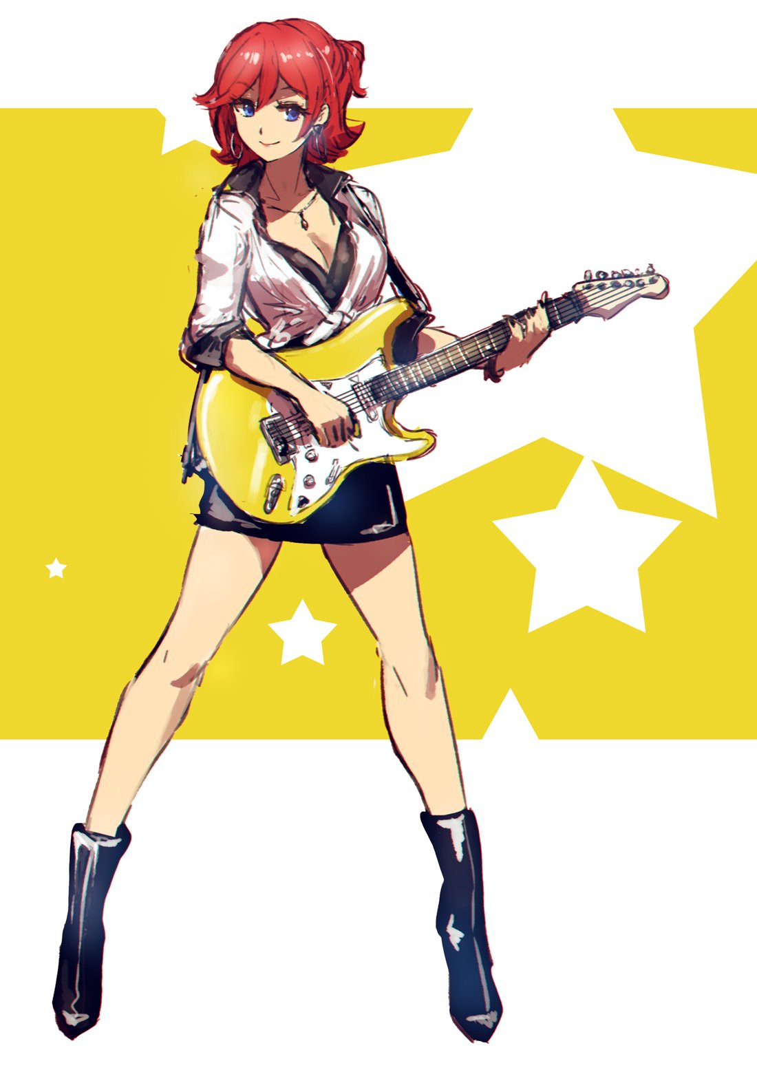 1girl blue_eyes boots breasts cleavage commentary earrings guitar highres instrument jewelry kaname_buccaneer long_legs macross macross_delta music necklace playing_instrument redhead shimatani_azu short_hair skirt