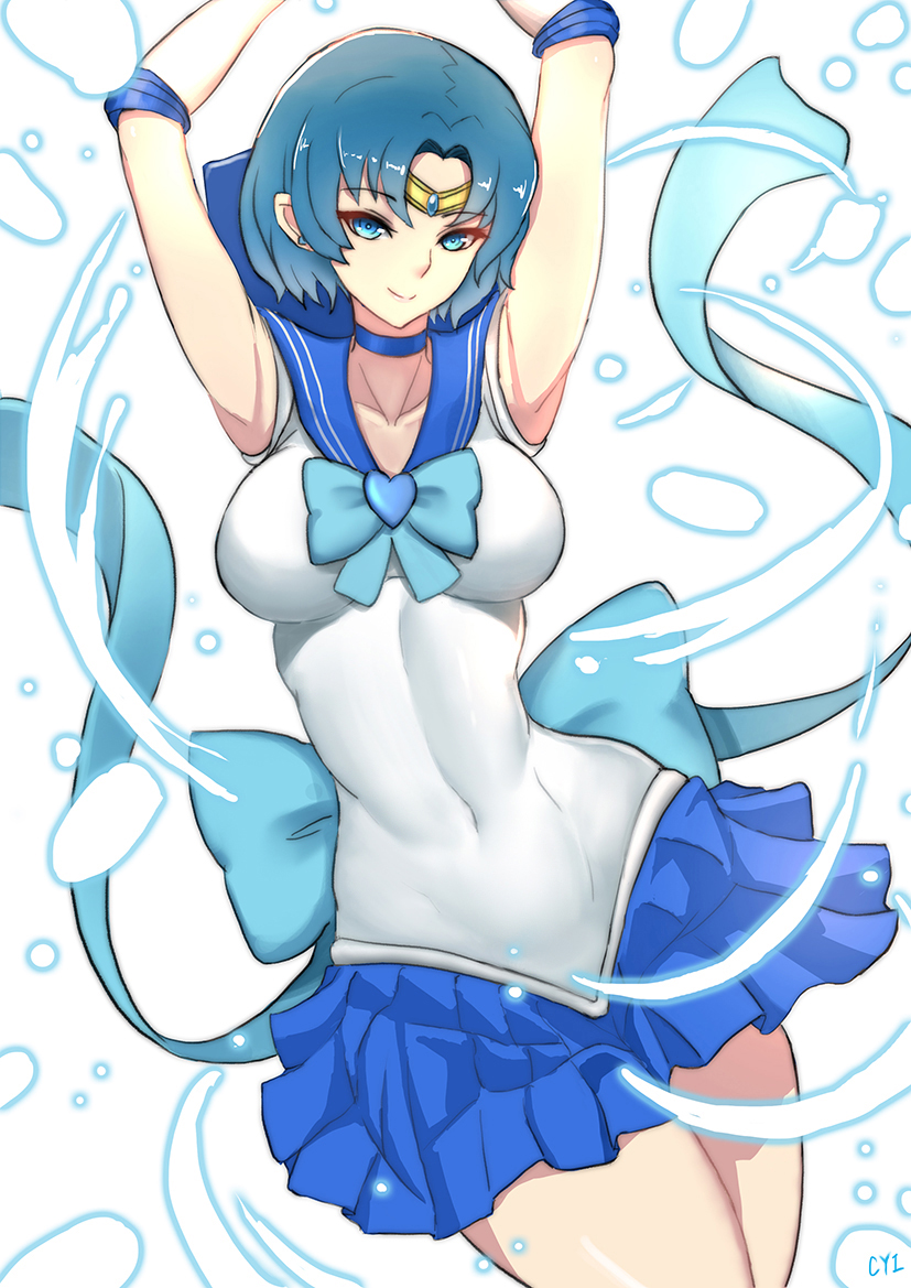 1girl armpits arms_up bishoujo_senshi_sailor_moon blue_eyes blue_hair choker collarbone covered_navel cyicheng mizuno_ami sailor_collar sailor_mercury short_hair solo water white_background wide_hips