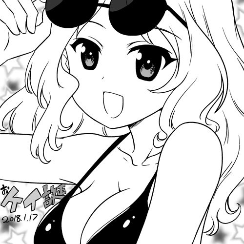 1girl :d adjusting_eyewear bikini breasts character_name cleavage collarbone commentary dated eyewear_on_head girls_und_panzer hair_intakes happy_birthday kay_(girls_und_panzer) long_hair looking_at_viewer lowres medium_breasts nanashiro_gorou open_mouth portrait smile solo star starry_background sunglasses swimsuit