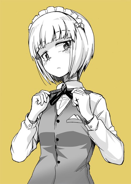 1girl adjusting_bow aokaze_(mimi_no_uchi) bangs bow bowtie closed_mouth commentary cutlass_(girls_und_panzer) dress_shirt girls_und_panzer handkerchief head_tilt light_frown long_sleeves looking_at_viewer maid_headdress partially_colored shirt short_hair simple_background solo standing upper_body vest wing_collar yellow_background