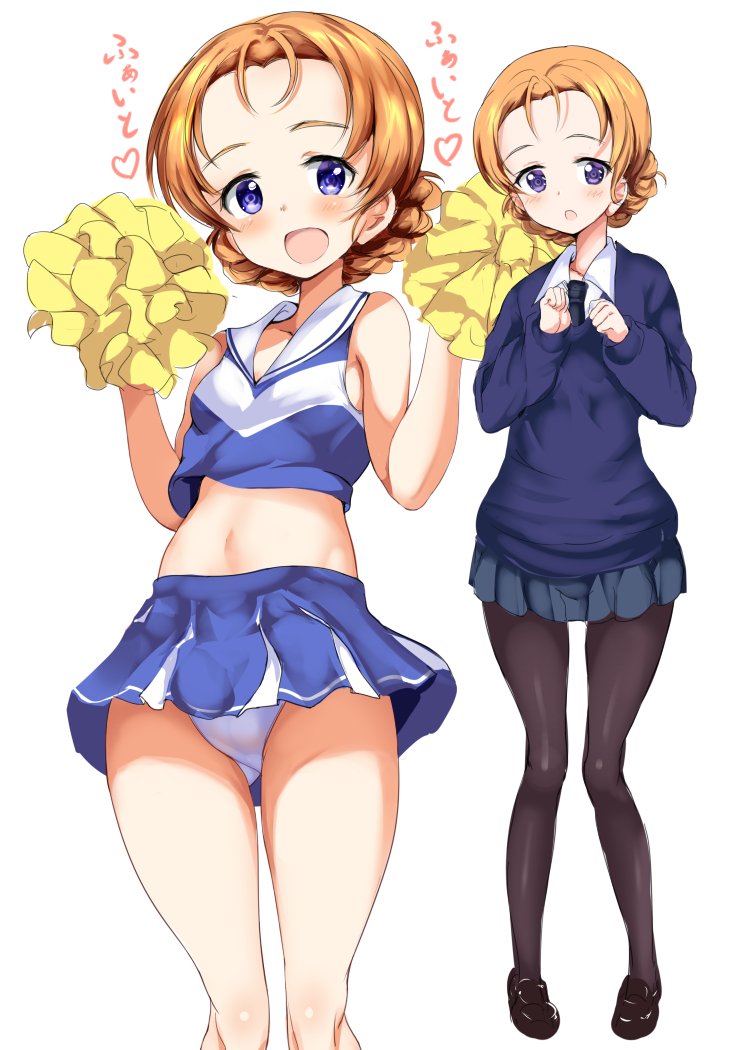 1girl :d :o alternate_costume bangs black_footwear black_legwear black_neckwear blue_eyes blue_panties blue_shirt blue_skirt blue_sweater braid cheerleader clenched_hands commentary_request dress_shirt girls_und_panzer gluteal_fold gorua_(youce01) heart holding loafers long_sleeves looking_at_viewer midriff miniskirt multiple_views navel necktie open_mouth orange_hair orange_pekoe panties pantyhose pantyshot pantyshot_(standing) parted_bangs pleated_skirt pom_poms school_uniform shirt shoes short_hair simple_background skirt sleeveless sleeveless_shirt smile solo st._gloriana's_school_uniform standing sweater tied_hair twin_braids underwear v-neck w_arms white_background white_shirt