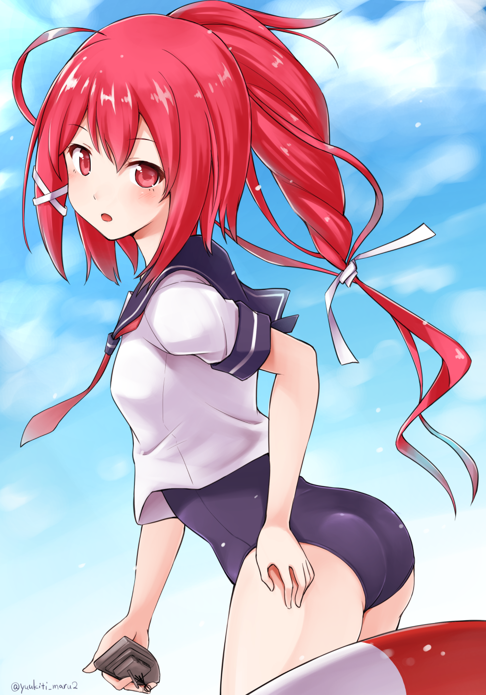 1girl blue_sky blush breasts cellphone clouds cross_hair_ornament hair_ornament hair_ribbon hand_on_thigh highres i-168_(kantai_collection) innertube kantai_collection long_hair one-piece_swimsuit open_mouth phone ponytail red_eyes redhead ribbon school_swimsuit school_uniform serafuku sky small_breasts smartphone solo swimsuit swimsuit_under_clothes yuuki_kazuhito