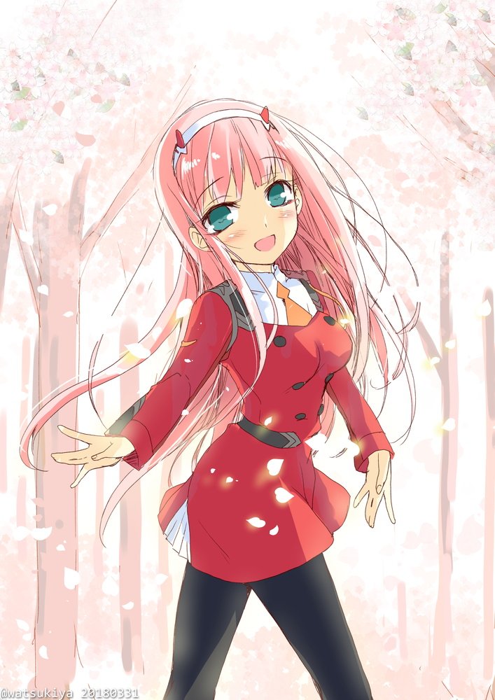 1girl black_legwear cherry_blossoms cowboy_shot darling_in_the_franxx dated green_eyes hairband horns long_hair looking_at_viewer open_mouth pantyhose petals pink_hair school_uniform shiny shiny_hair smile solo straight_hair tree twitter_username watsuki_ayamo white_hairband zero_two_(darling_in_the_franxx)