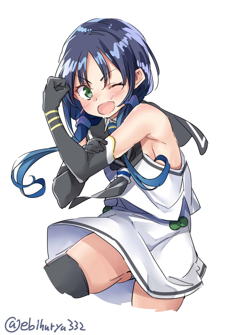 1girl ;d bare_shoulders black_legwear black_neckwear black_sailor_collar blue_hair breasts clenched_hand cropped_legs ebifurya elbow_gloves eyebrows_visible_through_hair gloves green_eyes hand_on_own_arm highres kantai_collection looking_at_viewer neckerchief one_eye_closed open_mouth panties pantyshot sailor_collar shiny shiny_hair shirt sideboob simple_background skirt sleeveless sleeveless_shirt small_breasts smile solo suzukaze_(kantai_collection) tareme twitter_username underwear upskirt white_background white_panties white_shirt white_skirt