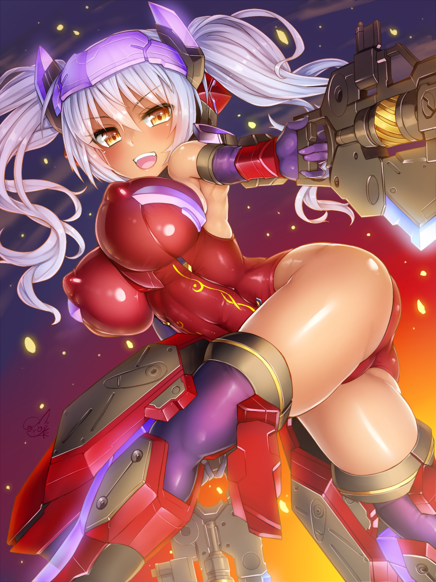 1girl armor ass bare_shoulders breasts commentary_request covered_navel dark_skin doyouwantto dual_wielding elbow_gloves erect_nipples frame_arms_girl from_behind gloves glowing gun headgear highres hresvelgr hresvelgr_rufus large_breasts leotard looking_at_viewer looking_back open_mouth purple_gloves purple_hair purple_legwear red_leotard shiny shiny_clothes shiny_hair shiny_skin skin_tight solo teeth thigh-highs twintails weapon yellow_eyes