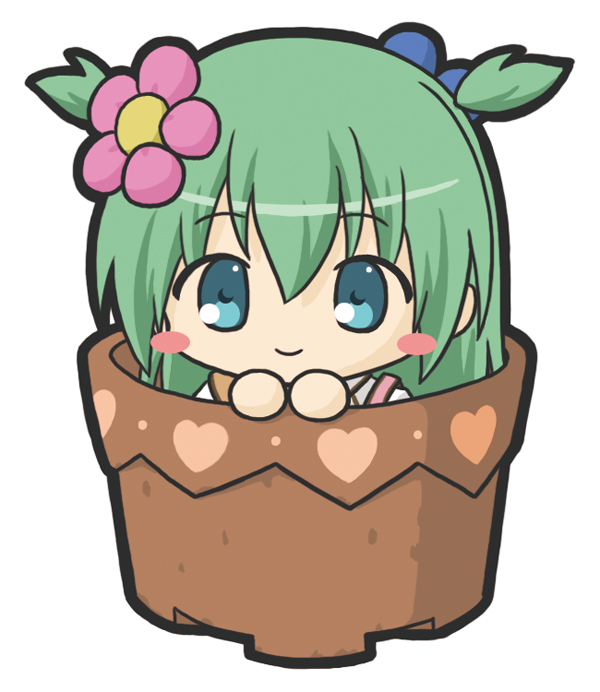 1girl bangs blue_eyes blush_stickers chibi commentary_request emil_chronicle_online eyebrows_visible_through_hair flower green_hair hair_between_eyes hair_flower hair_ornament heart in_container in_pot looking_at_viewer pink_flower rinechun shabotan_alma simple_background solo two_side_up white_background
