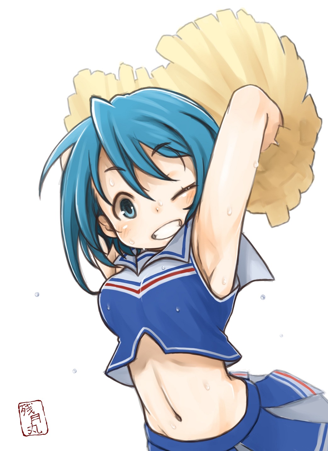 1girl ;d armpits blue_eyes blue_hair cheerleader grin highres mahou_shoujo_madoka_magica midriff miki_sayaka navel one_eye_closed open_mouth pom_poms short_hair smile solo sweat zangetsumaru