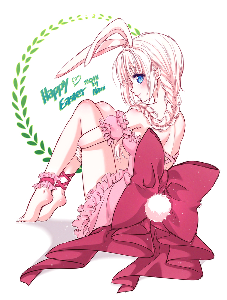 1girl 2018 animal_ears ankle_garter artist_name bangs bare_arms bare_shoulders blue_eyes blush bow braid breasts bunny_girl bunny_tail closed_mouth commentary dress eyebrows_visible_through_hair happy_easter heart long_hair looking_at_viewer looking_back low_ponytail medium_breasts natsumii_chan original pink_bow pink_dress ponytail puffy_short_sleeves puffy_sleeves rabbit_ears short_sleeves single_braid smile solo strapless strapless_dress tail very_long_hair white_background
