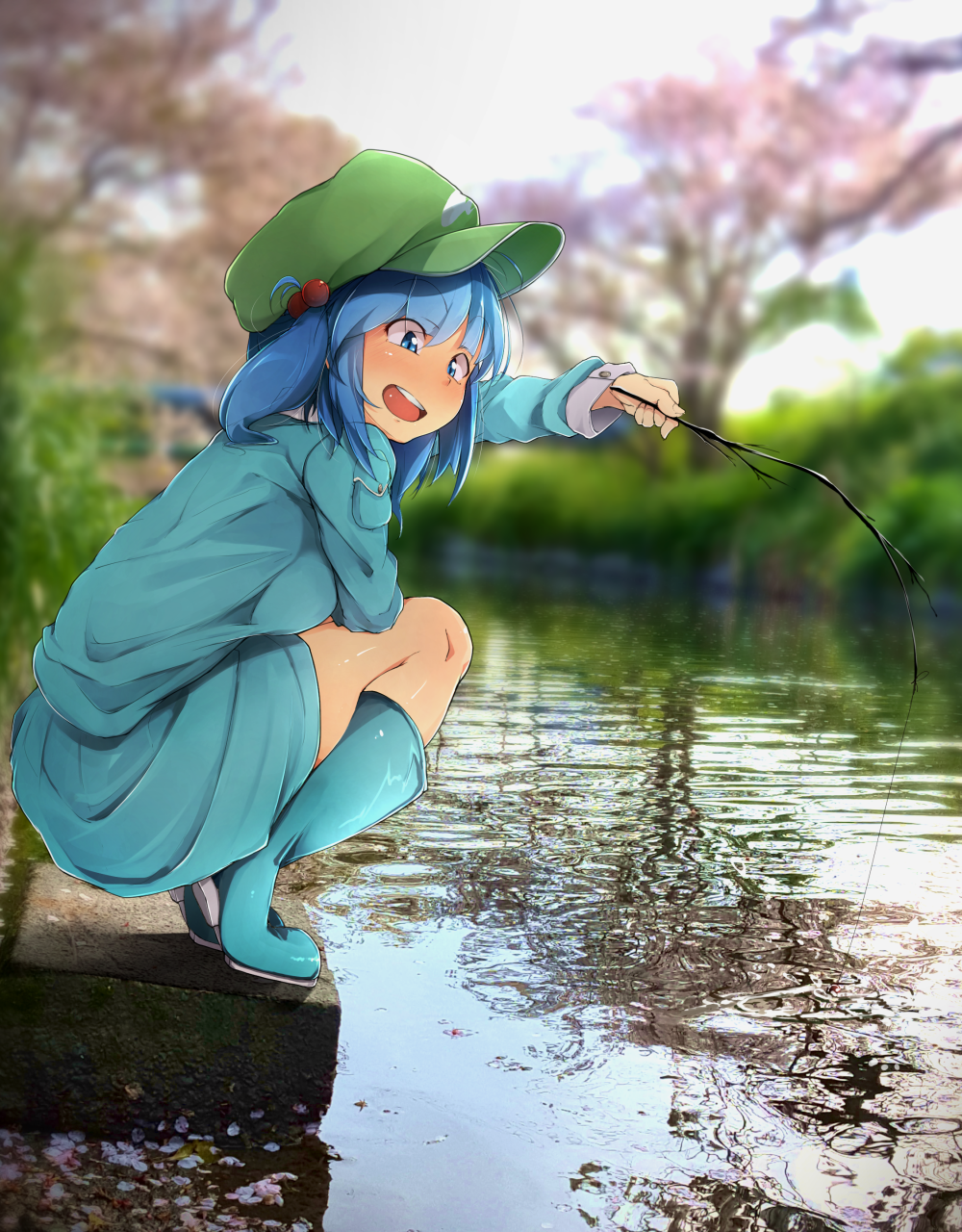 1girl bangs bent_knee blue_eyes blue_footwear blue_hair blue_shirt blue_skirt blurry blurry_background boots branch breasts bush cherry_blossoms commentary_request concrete d: eyebrows_visible_through_hair eyelashes fishing fishing_rod flanvia flat_cap full_body grass green_hat hair_bobbles hair_ornament hand_on_thighs hat heel_raised highres holding_branch kawashiro_nitori large_breasts long_sleeves looking_at_viewer one_side_up open_mouth outdoors petals petals_on_water photo_background pipeline pocket pulling river shirt skirt solo squatting tongue touhou tree upper_teeth