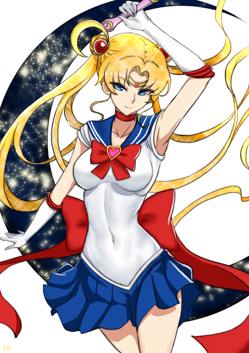 1girl arm_up armpits bishoujo_senshi_sailor_moon blue_eyes choker collarbone covered_navel crescent_moon earrings gloves jewelry long_hair miniskirt moon pleated_skirt sailor_collar sailor_moon skirt solo tsukino_usagi very_long_hair wand white_background