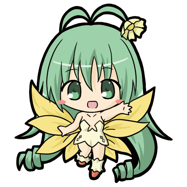 1girl :d absurdly_long_hair alraune_(p&amp;d) antenna_hair bangs bare_arms bare_shoulders blush_stickers boots breasts brown_footwear chibi collarbone commentary_request dress eyebrows_visible_through_hair flower green_eyes green_hair hair_between_eyes long_hair multiple_wings open_mouth outstretched_arm plant_girl puzzle_&amp;_dragons rinechun short_dress simple_background small_breasts smile solo standing standing_on_one_leg strapless strapless_dress very_long_hair white_background white_dress wings yellow_flower yellow_wings