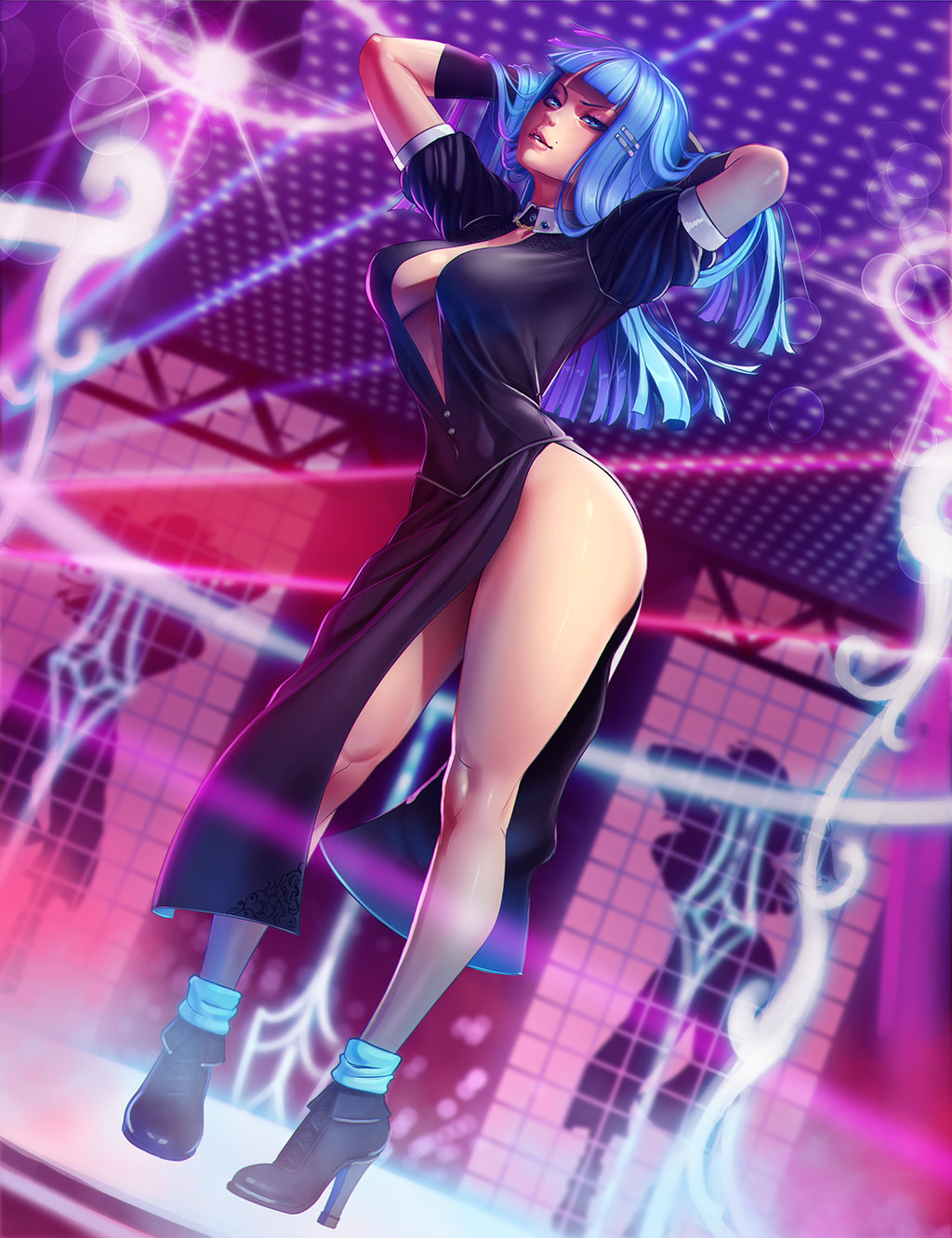 1girl arms_up blue_eyes blue_hair breasts gloves hair_ornament hairpin high_heels highres large_breasts leaning_forward legs lips long_hair looking_at_viewer looking_down mole mole_above_mouth nightclub nikita_varb parted_lips smile solo thick_thighs thighs