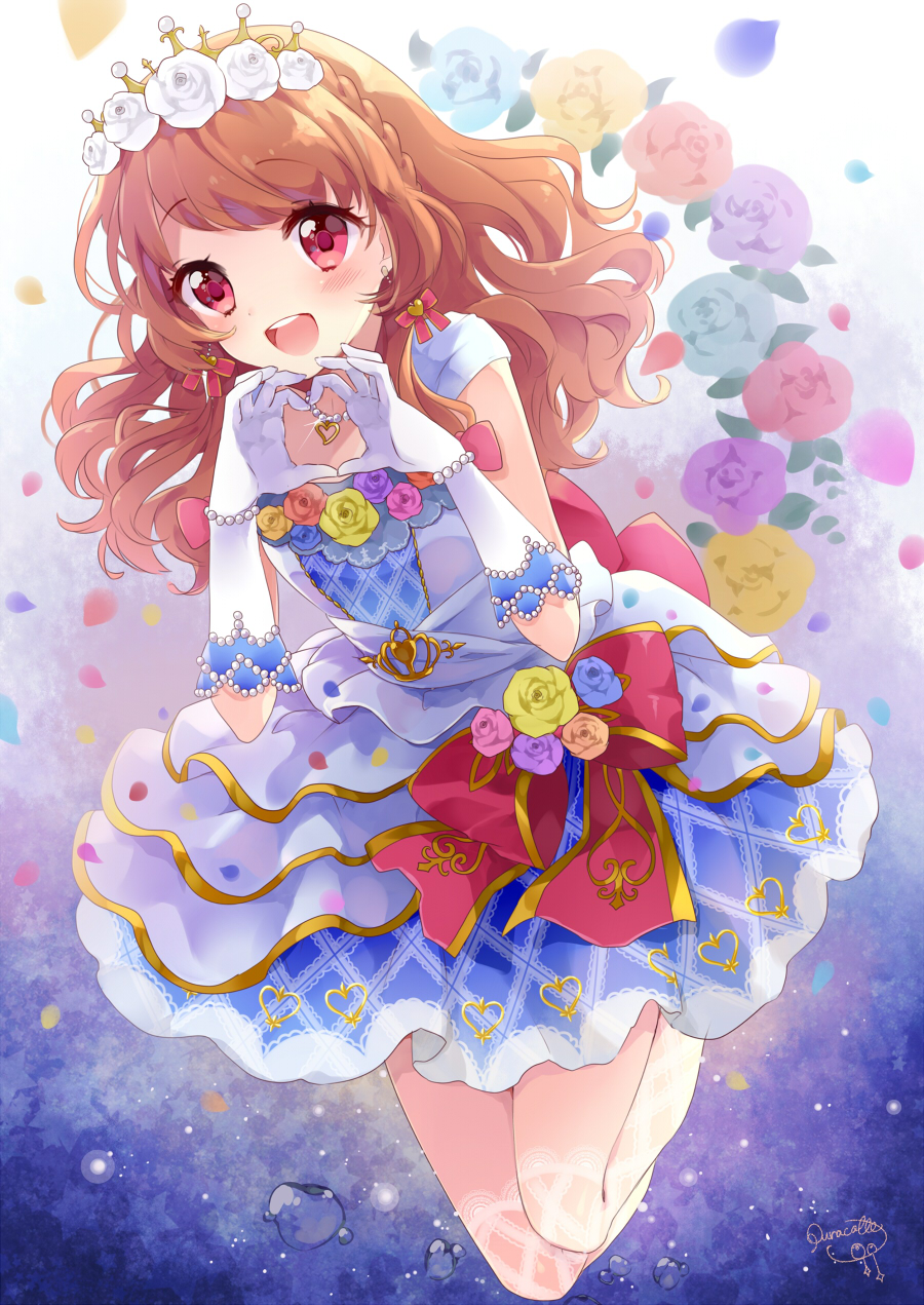 1girl aikatsu! aikatsu!_(series) birthday crown earrings elbow_gloves flower gloves happy_birthday highres jewelry long_hair oozora_akari orange_hair petals pink_eyes puracotte red_ribbon ribbon rose signature solo