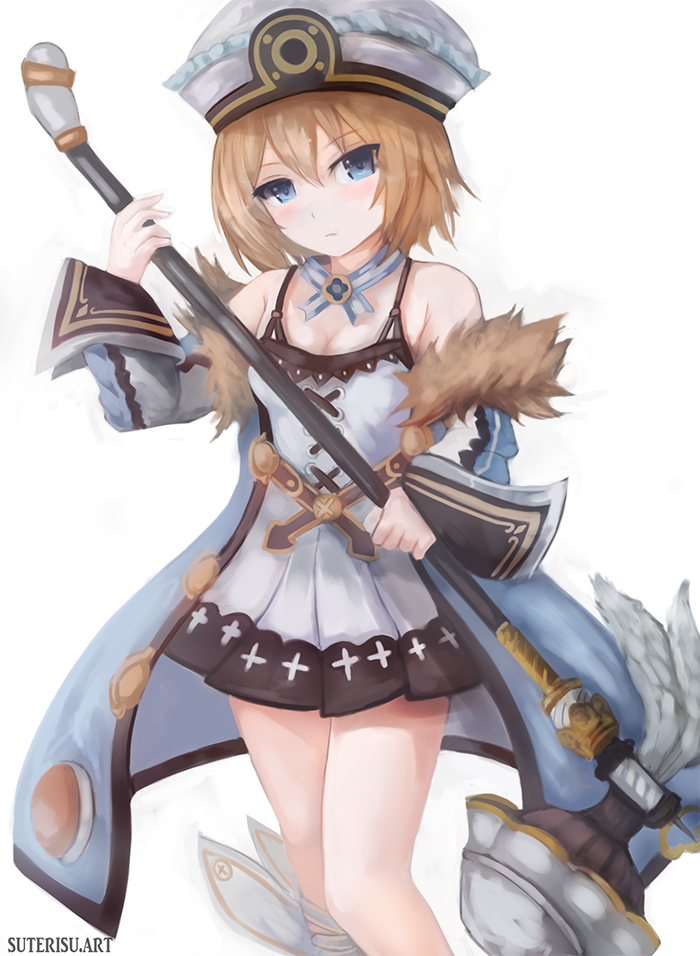 1girl artist_name bare_legs bare_shoulders blanc blue_eyes blush breasts brown_hair cleavage coat dress frown fur_trim hair_between_eyes hat holding holding_hammer holding_weapon looking_at_viewer neptune_(series) short_hair simple_background small_breasts solo spaghetti_strap suterisu weapon white_background white_dress