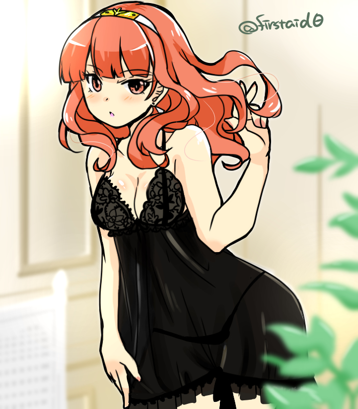 1girl alternate_costume bare_shoulders blush breasts celica_(fire_emblem) cleavage cowboy_shot fire_emblem fire_emblem_echoes:_mou_hitori_no_eiyuuou hairband hand_in_hair lingerie long_hair looking_at_viewer medium_breasts negligee open_mouth orange_eyes orange_hair solo twitter_username underwear yukia_(firstaid0)
