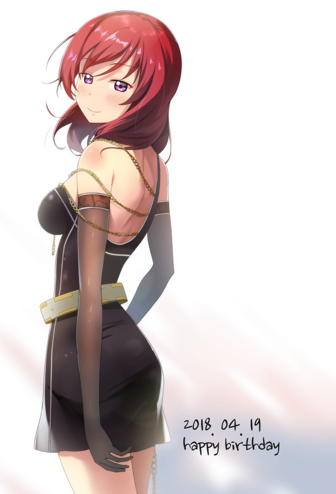 1girl backless_outfit bare_shoulders belt black_dress black_gloves breasts chains dated dress elbow_gloves gloves gold_chain happy_birthday jewelry looking_at_viewer looking_back love_live! love_live!_school_idol_project medium_breasts medium_hair nishikino_maki open-back_dress redame redhead single_strap smile solo standing violet_eyes