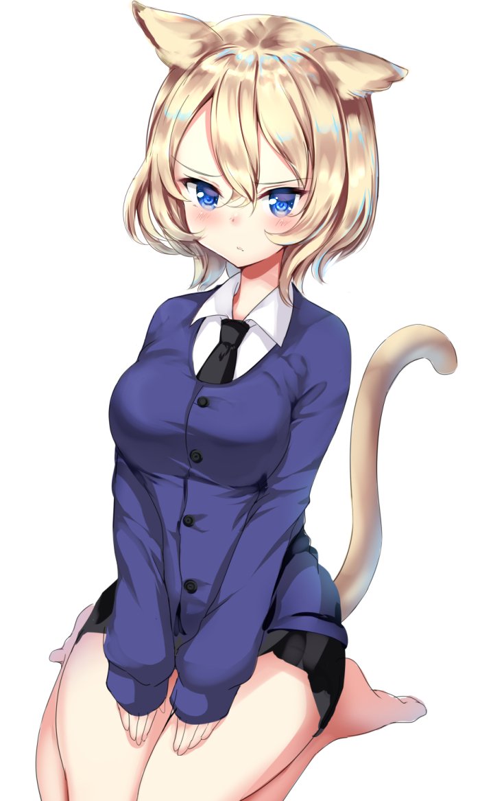 1girl alternate_hair_length alternate_hairstyle animal_ears bangs barefoot bc_freedom_school_uniform black_neckwear black_skirt blonde_hair blue_eyes blue_sweater blush cardigan cat_ears cat_tail closed_mouth commentary dress_shirt eyebrows_visible_through_hair frown full_body girls_und_panzer gorua_(youce01) hands_on_lap kemonomimi_mode long_sleeves looking_at_viewer miniskirt necktie oshida_(girls_und_panzer) pleated_skirt school_uniform seiza shirt short_hair simple_background sitting skirt solo sweater tail v_arms vest white_background white_shirt wing_collar