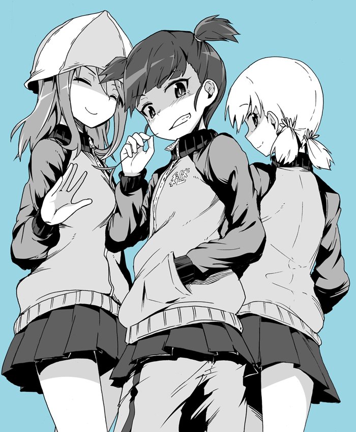 3girls aki_(girls_und_panzer) aokaze_(mimi_no_uchi) bangs blue_background blunt_bangs closed_eyes closed_mouth commentary emblem eyebrows_visible_through_hair from_behind girls_und_panzer greyscale grin hair_tie hand_in_pocket hat holding jacket keizoku_military_uniform long_hair long_sleeves looking_at_viewer looking_back mika_(girls_und_panzer) mikko_(girls_und_panzer) military military_uniform miniskirt monochrome multiple_girls pants pants_under_skirt partially_colored pleated_skirt raglan_sleeves short_hair short_twintails single_vertical_stripe skirt smile stalk standing track_jacket track_pants twintails uniform waving zipper_pull_tab