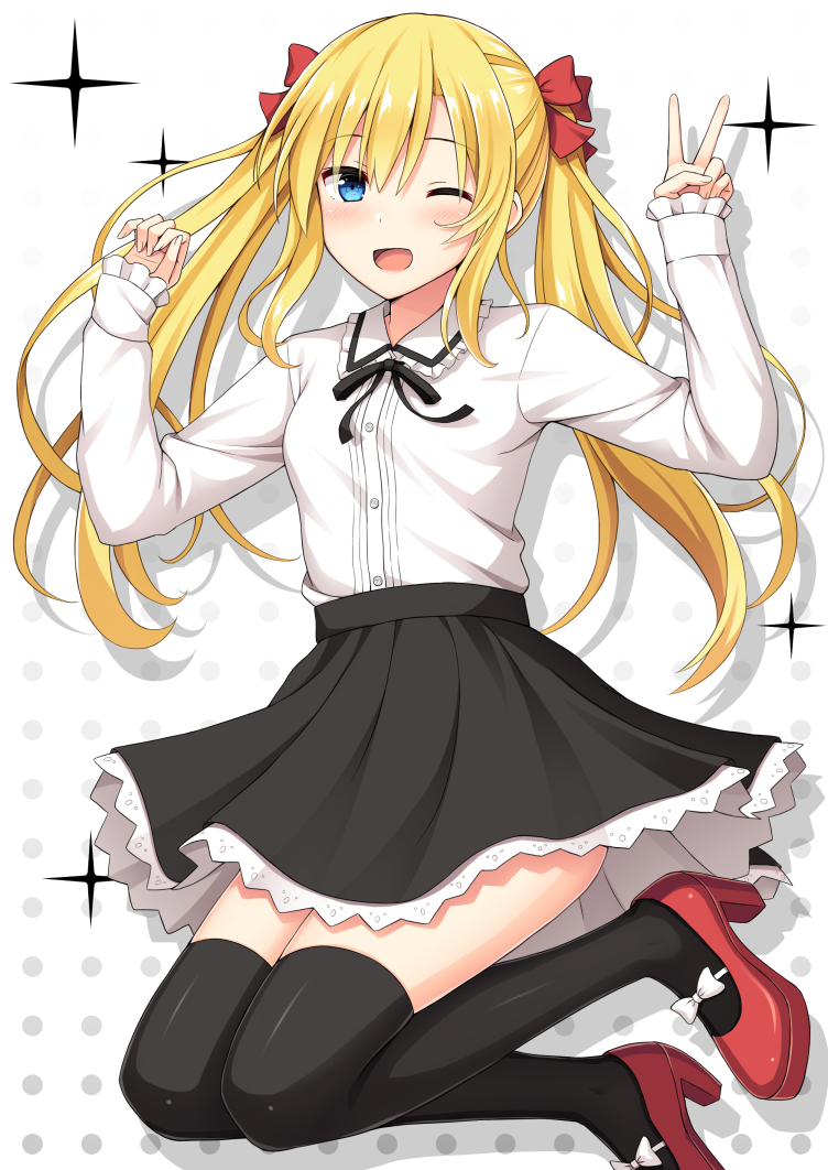 1girl ;d arm_up bangs black_legwear black_ribbon black_skirt blonde_hair blush bow breasts collared_shirt commentary_request eyebrows_visible_through_hair fingernails frilled_shirt_collar frilled_sleeves frills hair_between_eyes hair_bow hand_up high_heels long_hair long_sleeves looking_at_viewer nakamura_sumikage one_eye_closed open_mouth original polka_dot polka_dot_background red_bow red_footwear ribbon shirt shoes skirt sleeves_past_wrists small_breasts smile solo sparkle thigh-highs twintails very_long_hair white_background white_shirt