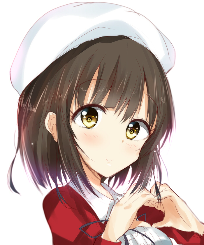 1girl bangs beret blush brown_eyes brown_hair center_frills closed_mouth collared_shirt commentary_request eyebrows_visible_through_hair frills hair_between_eyes haru_(nature_life) hat heart heart_hands jacket katou_megumi long_sleeves looking_at_viewer open_clothes open_jacket red_jacket saenai_heroine_no_sodatekata shirt simple_background smile solo white_background white_hat white_shirt