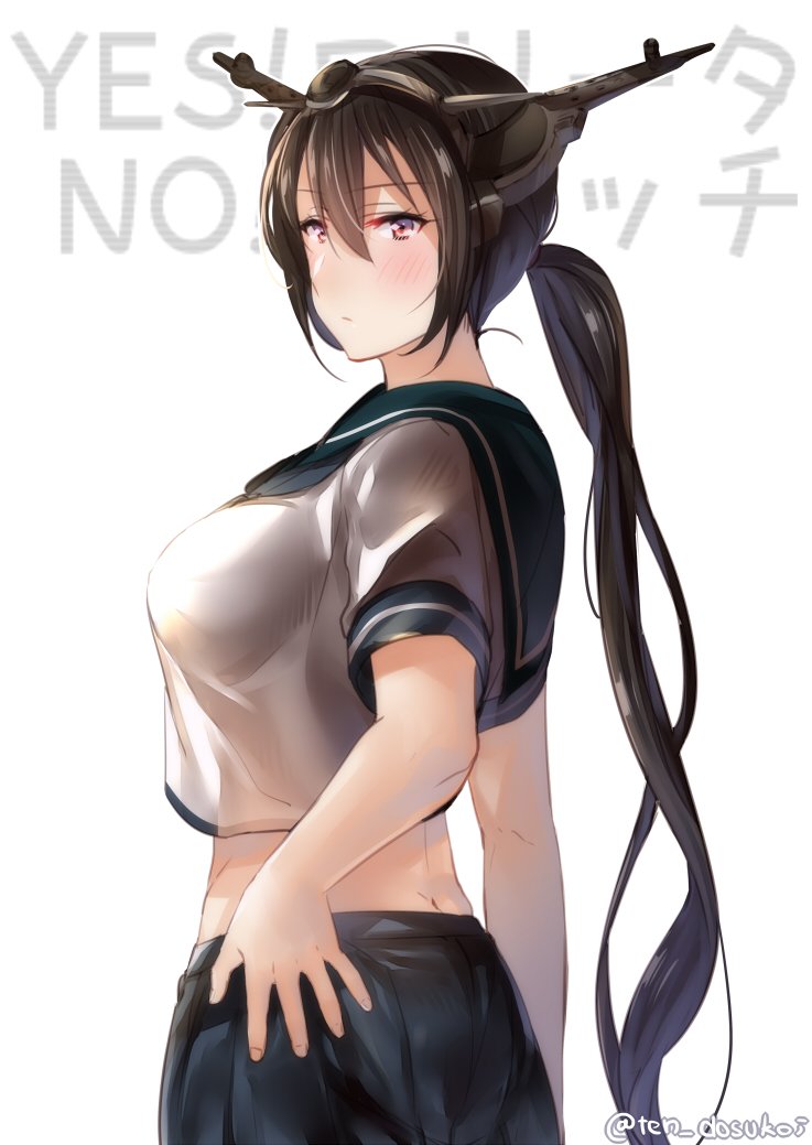 1girl alternate_hairstyle ass blue_skirt blush breasts cosplay english from_side fubuki_(kantai_collection) fubuki_(kantai_collection)_(cosplay) hair_between_eyes hand_on_own_ass headgear juurouta kantai_collection large_breasts long_hair looking_at_viewer midriff nagato_(kantai_collection) pleated_skirt red_eyes sailor_collar school_uniform serafuku simple_background skirt solo translation_request twitter_username undersized_clothes upper_body very_long_hair white_background