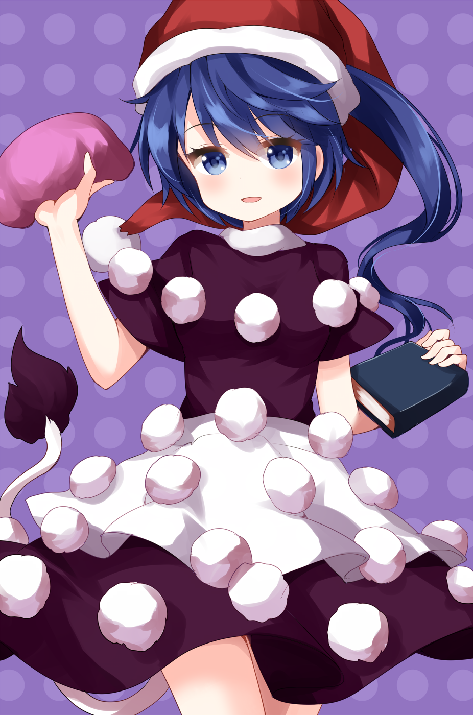 1girl black_dress blob blue_eyes blue_hair blush book breasts commentary_request cowboy_shot doremy_sweet dress eyebrows_visible_through_hair hand_up hat highres holding holding_book looking_at_viewer medium_breasts multicolored multicolored_clothes multicolored_dress one_side_up parted_lips polka_dot polka_dot_background pom_pom_(clothes) purple_background ruu_(tksymkw) santa_hat short_hair short_sleeves smile solo standing tail tapir_tail touhou white_dress