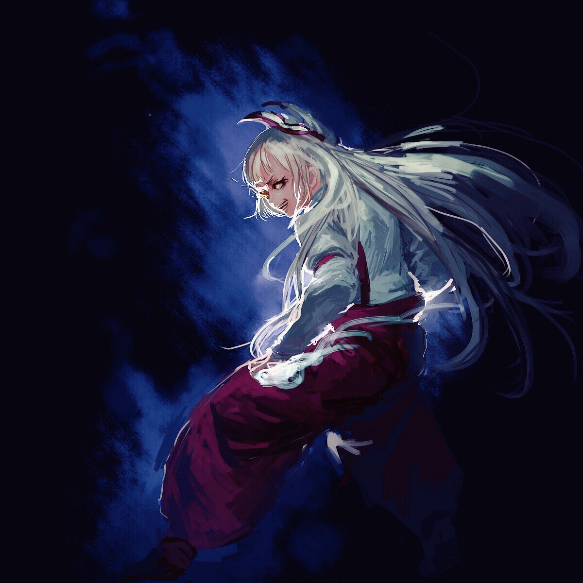 1girl aura bow brown_footwear creepy fighting_stance from_behind fujiwara_no_mokou grin hair_bow highres inishie_kumo long_hair pants red_pants shirt shoes smile solo standing suspenders touhou very_long_hair white_hair white_shirt yellow_eyes
