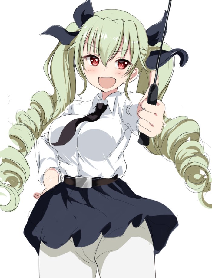 1girl anchovy anzio_school_uniform bangs belt black_belt black_neckwear black_ribbon black_skirt commentary cowboy_shot dress_shirt drill_hair eyebrows_visible_through_hair foreshortening girls_und_panzer gorua_(youce01) green_hair hair_ribbon hand_on_hip holding long_hair long_sleeves looking_at_viewer miniskirt necktie open_mouth panties panties_under_pantyhose pantyhose pleated_skirt red_eyes ribbon riding_crop school_uniform shirt simple_background skirt smile solo standing twin_drills twintails underwear white_background white_legwear white_shirt wing_collar