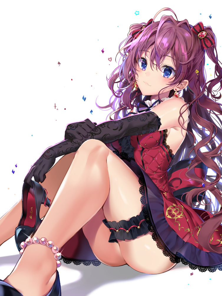 1girl :3 ahoge anklet bangs beads black_footwear black_gloves blue_eyes blush bow brown_hair closed_mouth dress earrings elbow_gloves eyebrows_visible_through_hair gloves hair_between_eyes hair_bow heart high_heels ichinose_shiki idolmaster idolmaster_cinderella_girls jewelry lace lace-trimmed_dress leg_garter lips long_hair looking_at_viewer pinb red_bow red_dress simple_background sitting smile solo striped striped_bow two_side_up very_long_hair wavy_hair white_background