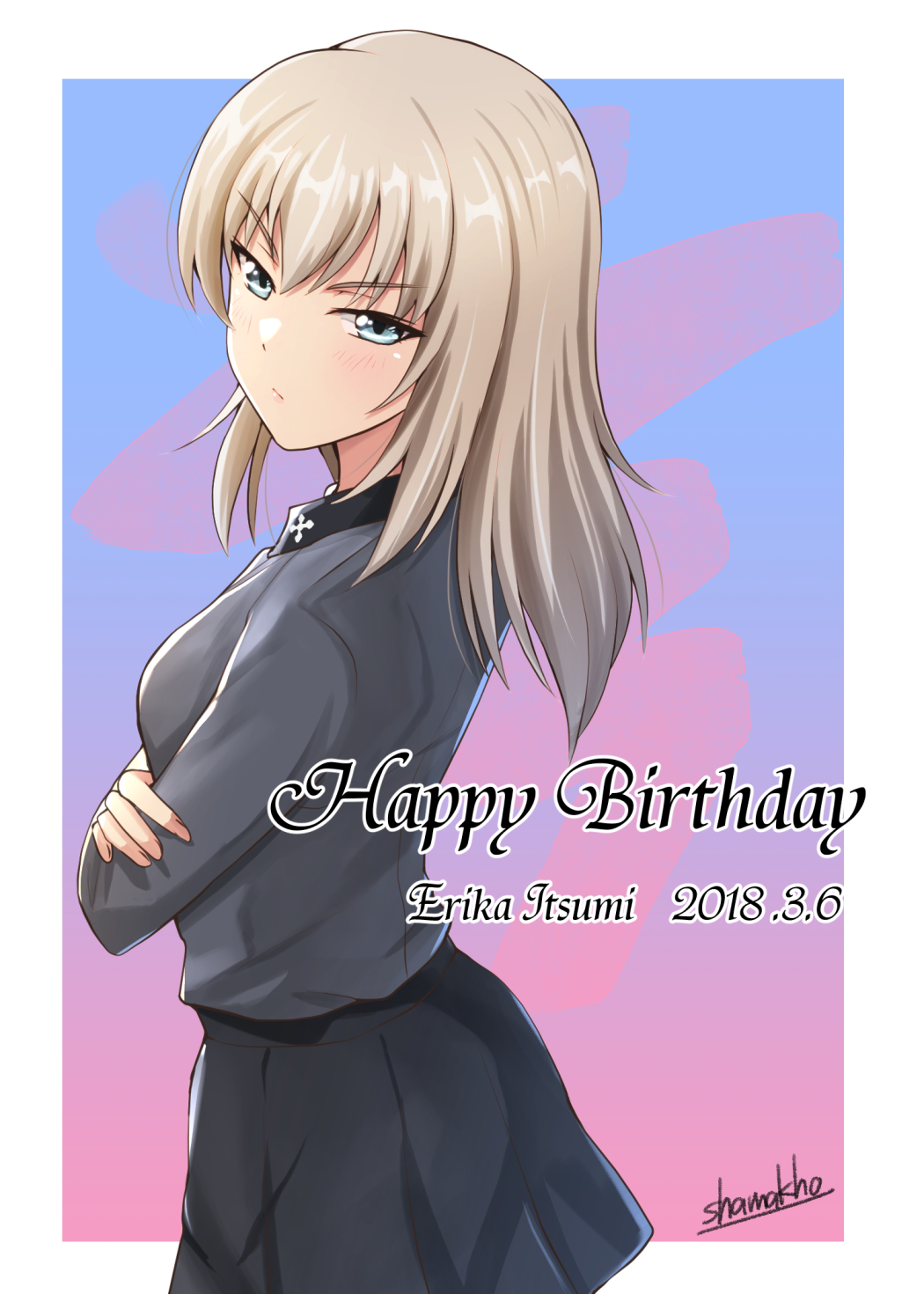 1girl angry artist_name bangs black_skirt blush character_name closed_mouth commentary crossed_arms dated dress_shirt english eyebrows_visible_through_hair from_side frown girls_und_panzer grey_shirt happy_birthday highres itsumi_erika kuromorimine_school_uniform long_hair long_sleeves looking_at_viewer looking_back miniskirt multicolored multicolored_background outside_border pleated_skirt school_uniform shamakho shirt signature skirt solo standing tsundere upper_body v-shaped_eyebrows