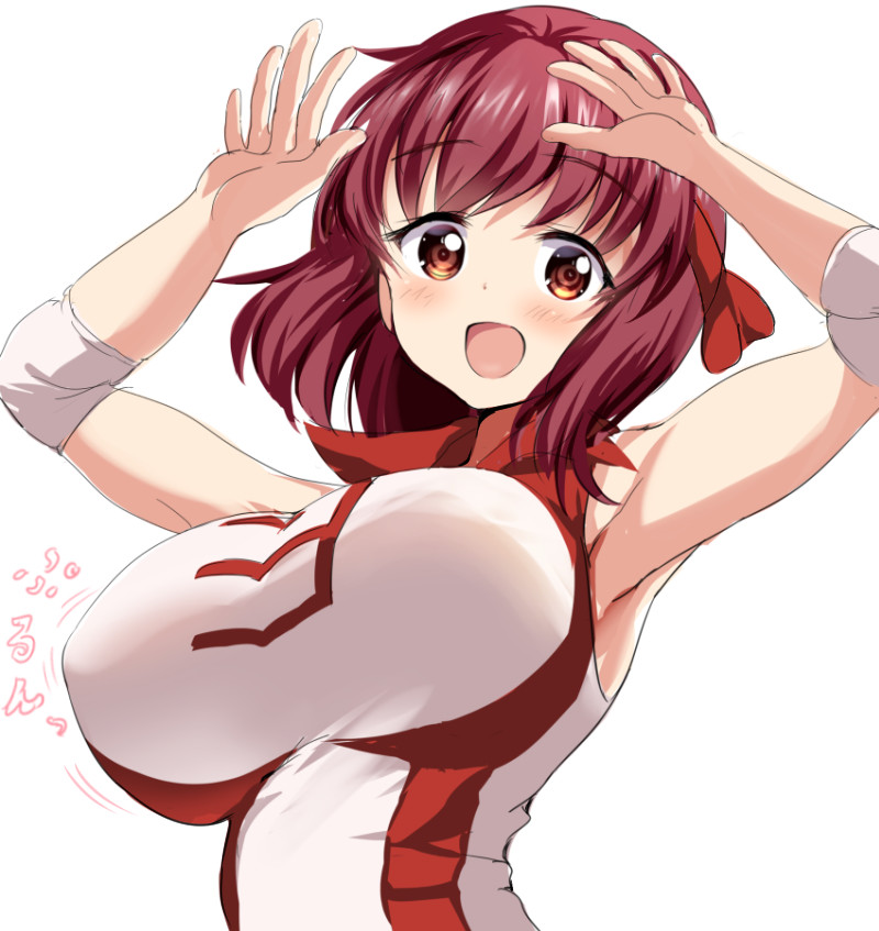 1girl :d armpits arms_up bangs bouncing_breasts breasts brown_eyes brown_hair commentary_request elbow_pads girls_und_panzer gorua_(youce01) kondou_taeko large_breasts looking_at_viewer open_mouth red_headband red_shirt shirt short_hair sleeveless sleeveless_shirt smile solo sportswear standing upper_body volleyball_uniform