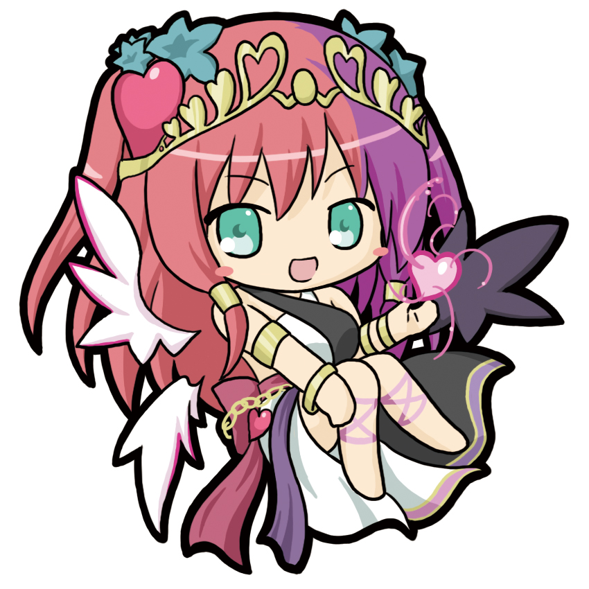1girl :d asymmetrical_wings bangs bare_shoulders barefoot black_dress black_wings blush_stickers breasts chains chaos_venus_(p&amp;d) chibi commentary_request dress eyebrows_visible_through_hair full_body green_eyes hair_between_eyes hair_ornament hand_up heart large_breasts looking_at_viewer multicolored multicolored_clothes multicolored_dress multicolored_hair open_mouth pink_hair purple_hair puzzle_&amp;_dragons rinechun simple_background sleeveless sleeveless_dress smile solo tiara two-tone_hair venus_(p&amp;d) white_background white_dress white_wings wings